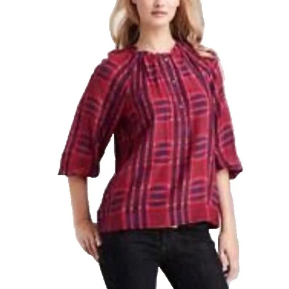BCBGMAXAZRIA Top Blouse Shirt M Medium SILK Blue Berry Red Plaid Ruffle Trim